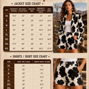 May include: A size chart for a jacket and shorts set featuring a black and white floral pattern. The chart lists measurements in inches for sizes XS through 4XL, including shoulder, bust, waist, sleeve, and back length for jackets and shorts.