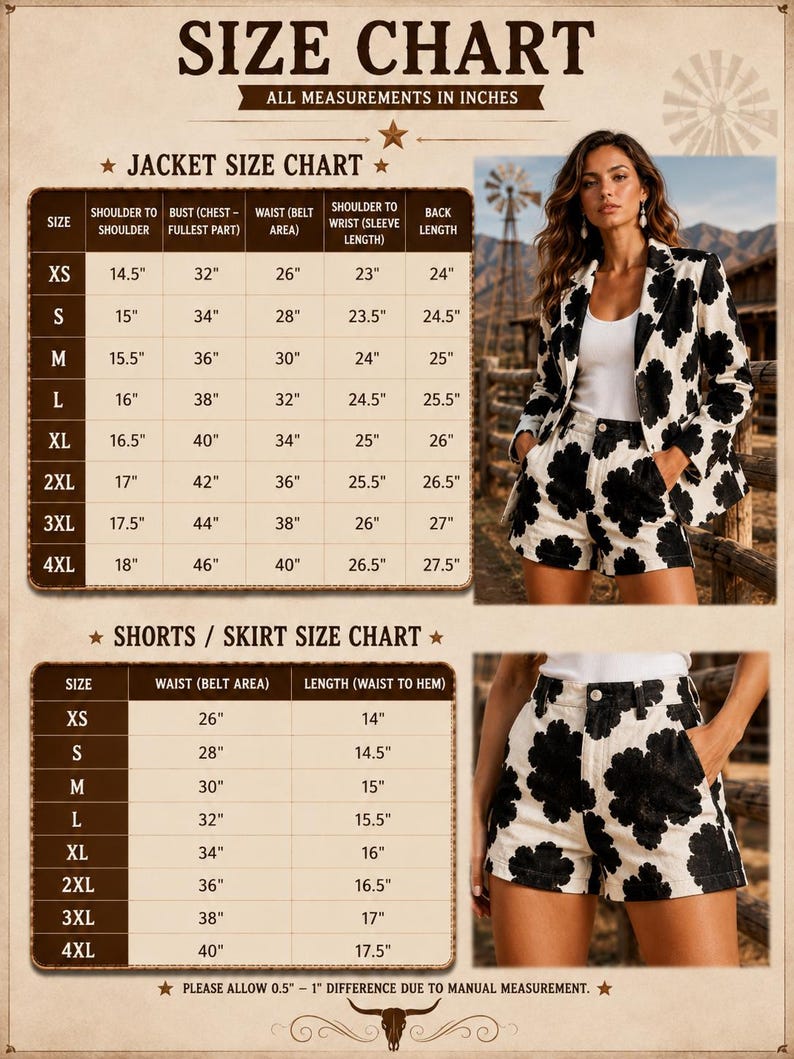 May include: A size chart for a jacket and shorts set featuring a black and white floral pattern. The chart lists measurements in inches for sizes XS through 4XL, including shoulder, bust, waist, sleeve, and back length for jackets and shorts.