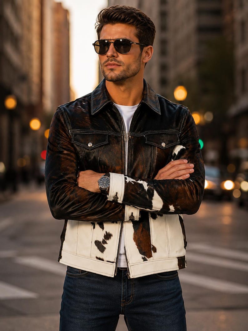 May include: A jacket featuring a dark brown and black textured upper section and a white, brown, and black cowhide print lower section. The garment has a pointed collar, a front zipper closure, two chest pockets with button flaps, and long sleeves.