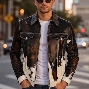 May include: A jacket featuring a brown and white cowhide pattern with a pointed collar, long sleeves, and two chest pockets with button closures. The garment is worn over a plain white t-shirt and dark blue denim jeans, with a front zipper closure.