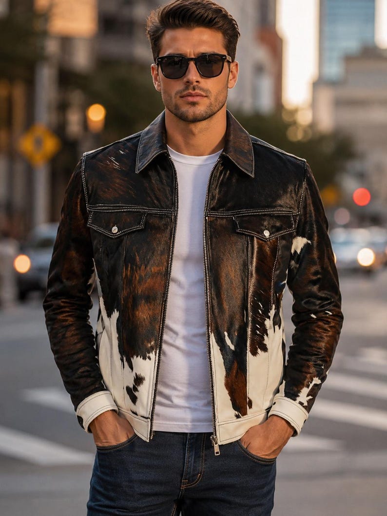 May include: A jacket featuring a brown and white cowhide pattern with a pointed collar, long sleeves, and two chest pockets with button closures. The garment is worn over a plain white t-shirt and dark blue denim jeans, with a front zipper closure.