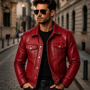 May include: A vibrant red leather jacket featuring a classic collar, silver-toned metal buttons, and two chest pockets with buttoned flaps. The jacket is worn over a plain black t-shirt and paired with dark denim jeans and a black leather belt.