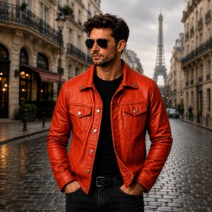 May include: A vibrant red leather jacket featuring a classic collar, silver-toned metal buttons, and two chest pockets with buttoned flaps. The jacket is worn over a plain black t-shirt and paired with dark denim jeans featuring a black leather belt.