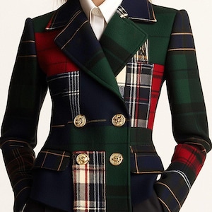 Op de afbeelding: Een patchwork geruite blazer in groen, marineblauw, rood en wit. De dubbelbreasted jas heeft goudkleurige knopen en een getailleerde pasvorm. De mouwen en het lichaam zijn samengesteld uit verschillende ruitpatronen, wat een uniek ontwerp creëert.