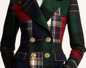 Women’s Plaid Patchwork Blazer Jacket  Luxury Tartan Double Breasted Coat  Vintage Inspired Office Blazer  Elegant Statement Jacket