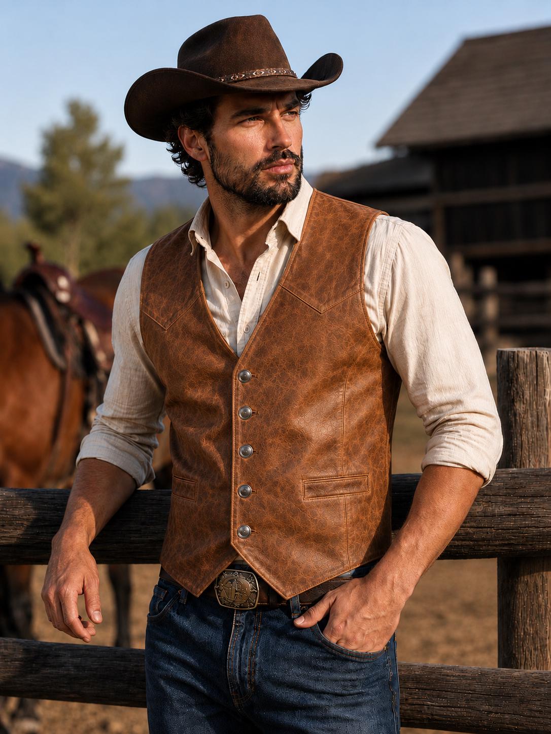Men's Distressed Genuine Leather Vest, Western Cowboy Leather Vest, Vintage Ranch Waistcoat, Handmade Biker Vest