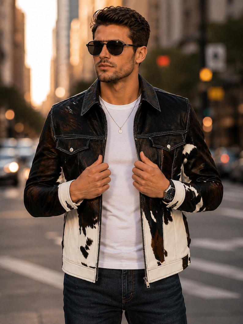 Genuine Cowhide Leather Jacket for men Natural Hair-On Cow Skin New Men's Genuine Cowhide Leather Jacket Cowhide leather jacket image 2
