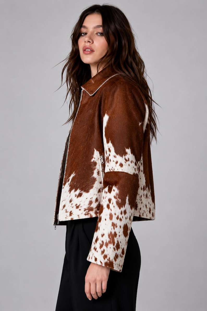 Women's Genuine Cowhide Leather Jacket Cowhide Leather Jacket with Real Cow Hair —Women Natural Genuine Pony Hair on Cowhide Jacket image 2