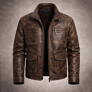 May include: A brown leather jacket with a classic design. The jacket features a stand-up collar, multiple front pockets with zippers and flaps, and a full-length zipper closure. The leather has a distressed, textured appearance.