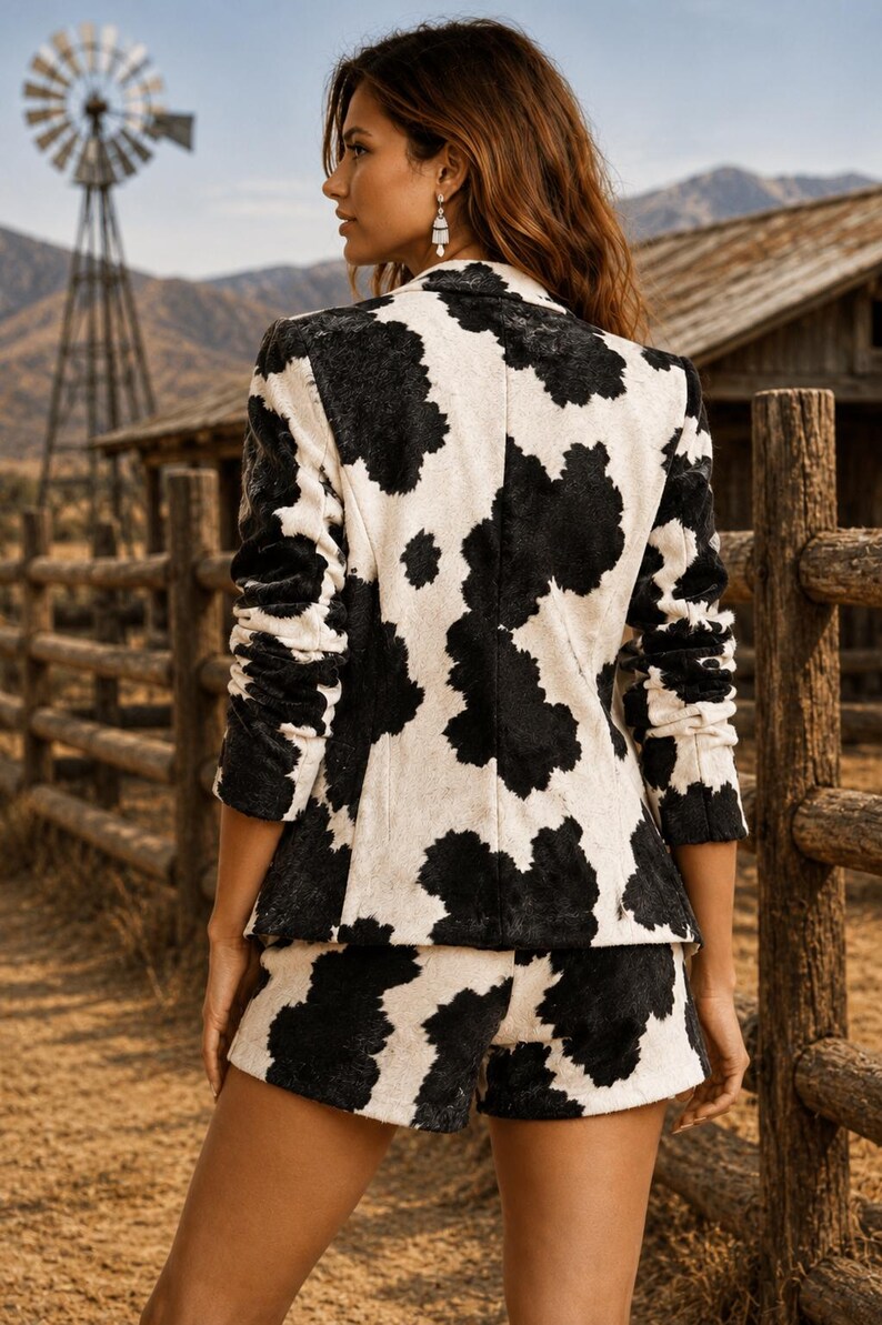 May include: A blazer and shorts set featuring a black and white cow print pattern. The blazer has long sleeves with gathered detailing and a notched collar. The matching shorts are cut to a mid-thigh length, completing the coordinated two-piece outfit.
