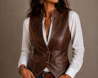 Bruin leren damesvest, echt schapenvacht bikervest met opstaande kraag, western cowgirl-motorvest