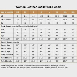 May include: A leather jacket size chart table titled Women Leather Jacket Size Chart. It displays columns for sizes XXS through 3XL, listing US, UK/Australia, and EU sizes, followed by body measurements and jacket measurements in inches.