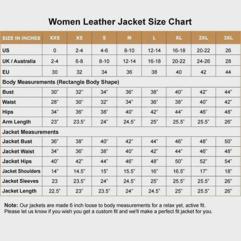 May include: A leather jacket size chart table titled Women Leather Jacket Size Chart. It displays columns for sizes XXS through 3XL, listing US, UK/Australia, and EU sizes, followed by body measurements and jacket measurements in inches.