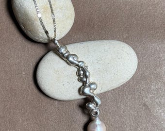 Baroque Freshwater Pearl Necklace, Molten Sterling Silver Drops, Organic Textured Pendant
