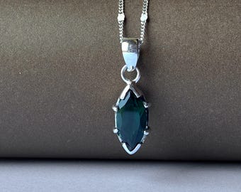 Green Stone Pendant Necklace, Sterling Silver Marquise Quartz, Dainty Layering