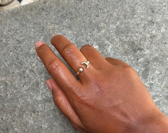 Crescent Moon Ring, Adjustable Sterling Silver Celestial Open Band