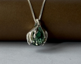 Hand Pendant Necklace, Sterling Silver Palms Holding a Green Quartz Teardrop