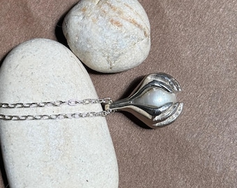 Hand Pendant Necklace, Sterling Silver Palms Holding a Baroque Freshwater Pearl