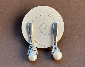 Baroque Freshwater Pearl Drop Earrings, Sterling Silver Claw Stem on Posts