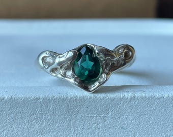 Molten Silver Ring with Green Pear Stone, Organic Sterling Statement Band, US 6