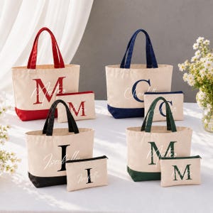 Personlig tygväska och sminkväska, Anpassad tygväska i monogramcanvas, Presentväska för brudtärnor, Bröllopsfestpresent, Strandväska med initialnamn
