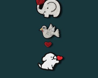 Gift for Animal Lovers Embroidered Brooch Cute Dog Dove Elephant Pin Heart Badge Handmade Jacket Bag Accessory