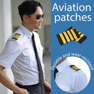 May include: A pair of black rectangular aviation shoulder epaulets featuring four horizontal gold stripes. The text Aviation patches and Durable and wear-resistant is displayed alongside images of the epaulets worn on a white pilot shirt.