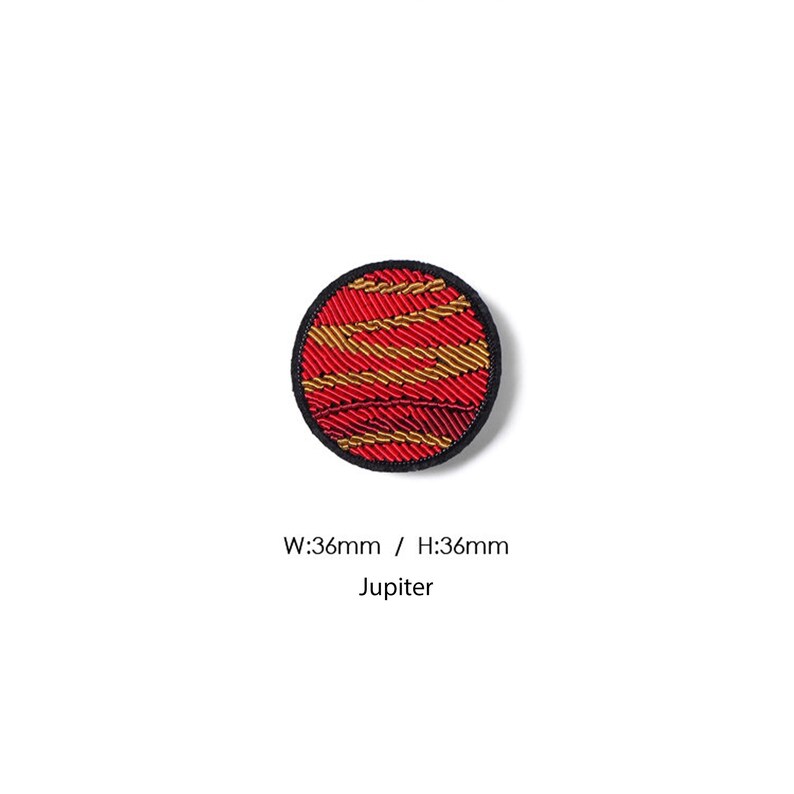 May include: A circular embroidered patch depicting the planet Jupiter with red and gold swirling bands. The patch features a black border and includes the text W:36mm / H:36mm Jupiter below the design, indicating a width and height of 36mm.
