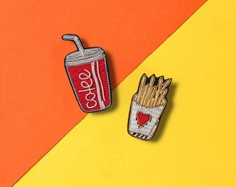 Fast Food Embroidered Pin Set, Burger Pizza Fries Cola Brooch Collection, Handmade Metallic Thread Badge, Foodie Gift