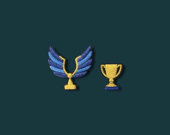 Champion Trophy Embroidered Pin, Winged Trophy Brooch Set, Winner Medal Badge, Handmade Metallic Thread Sports Gift, Victory Pin