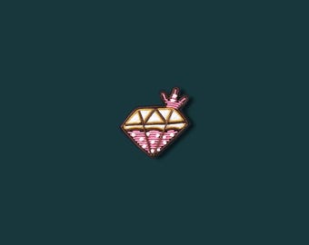 Hand Embroidered Gemstone Brooch Pin, Pink Diamond Crown Badge, Emerald Lapel Jewelry