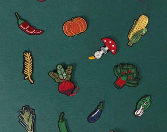 Gift for Her Vegetable Brooch Set, Handmade Embroidered Fruit & Veg Lapel Pins, Cute Food Enamel Style Pins, Garden Bag Charm Jewelry
