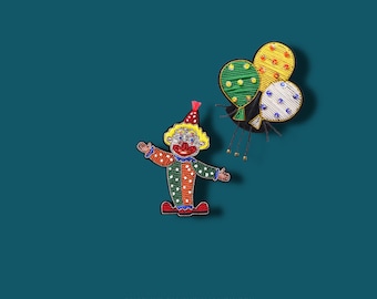Clown Balloon Embroidered Pin, Colorful Circus Brooch Set, Handmade Metallic Thread Badge, Carnival Gift, Cute Statement Pin