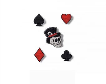 Embroidered Skeleton Brooch, Playing Card Pin, Gothic Spade Badge, Lucky Accessory