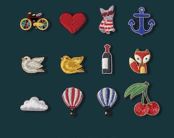 Familie Glücksbringer gestickte Brosche Pin, handgemachte Seide Patch Abzeichen, niedliche Fahrrad Herz Fuchs Ballon Jacke Accessoire