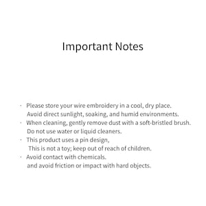 May include: A white informational card with black text titled Important Notes. It provides care instructions for wire embroidery, advising storage in a cool, dry place, cleaning with a soft brush, avoiding chemicals, and noting the pin design is not a toy.