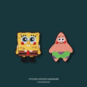 May include: Two embroidered patches featuring cartoon characters. One is a yellow rectangular sponge with blue eyes and brown pants, the other is a pink starfish with green shorts. Text at the bottom reads STITCHED CENTURY HANDWORK HAND EMBROIDERED.