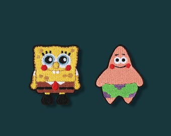 Best Friend Gift Sponge & Star Cartoon Brooch Set, Cute Embroidered Pin, Kawaii Fabric Badge, Jacket Backpack Accessory