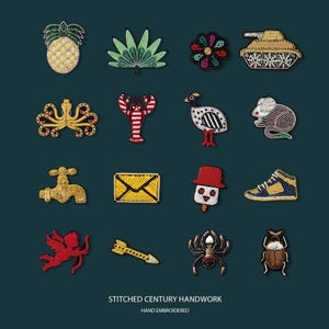 May include: A collection of hand-embroidered patches featuring various designs, including a pineapple, leaf, flower, tank, octopus, lobster, bird, mouse, faucet, envelope, ice cream, sneaker, cupid, arrow, spider, and beetle. The text "STITCHED CENTURY HANDWORK" and "HAND EMBROIDERED" are at the bottom.
