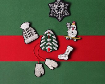 Christmas Embroidered Brooch Pin, Handmade Silk Lapel Pin, Snowman Snowflake Santa Badge, Holiday Outfit Accessory Gift for Her