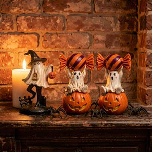 Figurine fantôme en résine pour Halloween, décoration fantôme citrouille et bonbons, ornement de table effrayant pour les fêtes, décoration mignonne sur le thème des sorcières