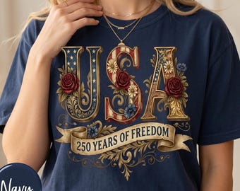 Camiseta floral comemorativa do 250º aniversário dos EUA, camiseta patriótica de 4 de julho "250 Anos de Liberdade", presente para o Dia da Independência dos EUA "Nós, o Povo 1776-2026".