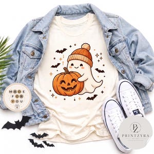 カワイイブーゴーストシャツ、かわいいゴーストパンプキンハロウィンシャツ、パステルゴーストシャツ、コージーシーズンシャツ、ジャックオーランタン秋のパンプキンシャツ