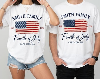 Camiseta personalizada para a família no 4 de julho, camiseta patriótica personalizada com nomes combinando, presente para crianças e bebês no 250º aniversário da Independência dos EUA.