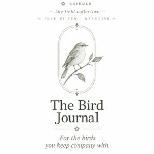 Könnte beinhalten: Ein Journal-Einband mit einer dunkelgrünen Illustration eines Vogels auf einem Ast in einem ovalen Rahmen. Der Text lautet: BRINDLO, the field collection, FOUR OF TEN WATCHING, The Bird Journal und For the birds you keep company with.