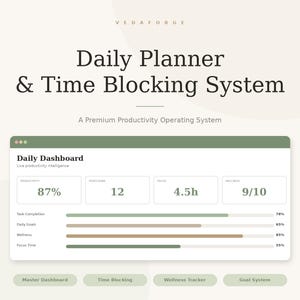Può includere: Un'interfaccia di pianificatore giornaliero e sistema di blocco temporale intitolata VEDAFORGE. La dashboard mostra metriche di produttività, completamento delle attività e monitoraggio del benessere con barre di avanzamento.