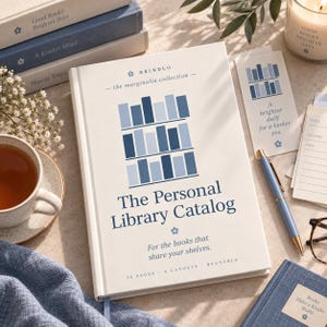 Op de afbeelding: Een wit hardcover boek getiteld The Personal Library Catalog met een blauwe boekenplankillustratie op de kaft. De tekst luidt Brindlo, the marginalia collection, en For the books that share your shelves, 30 pages, 6 layouts, reusable.