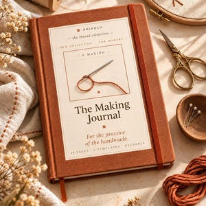 Peut inclure: Un carnet à couverture en tissu couleur rouille intitulé The Making Journal, avec une étiquette blanche illustrée d'une aiguille et de fil, le texte Brindlo the thread collection et une bande élastique de fermeture.