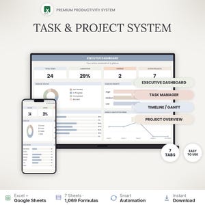 Könnte beinhalten: Ein digitales Aufgaben- und Projektmanagementsystem, das auf einem Tablet und Smartphone angezeigt wird. Das System umfasst ein Executive Dashboard, einen Task Manager, eine Zeitleiste und eine Projektübersicht. Es zeigt 24 Aufgaben.