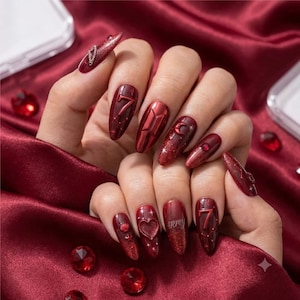 Dark Red BTS Press On Nails | Ruby Chrome Kpop Concert Nails | Custom Luxury Reusable Stiletto Fake Nails | Crimson ARMY Crimson Gift